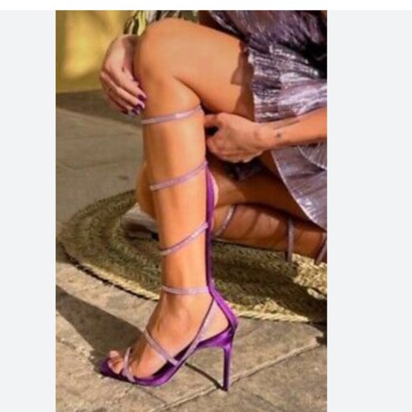 NWT ZARA PURPLE HIGH HEEL SHINY RHINESTONE STRAPS SANDALS GLADIATOR SHOES - Picture 2 of 10